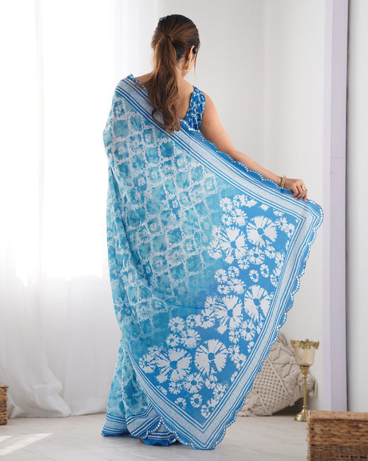 Sky Blue Color Chinnon Silk Saree