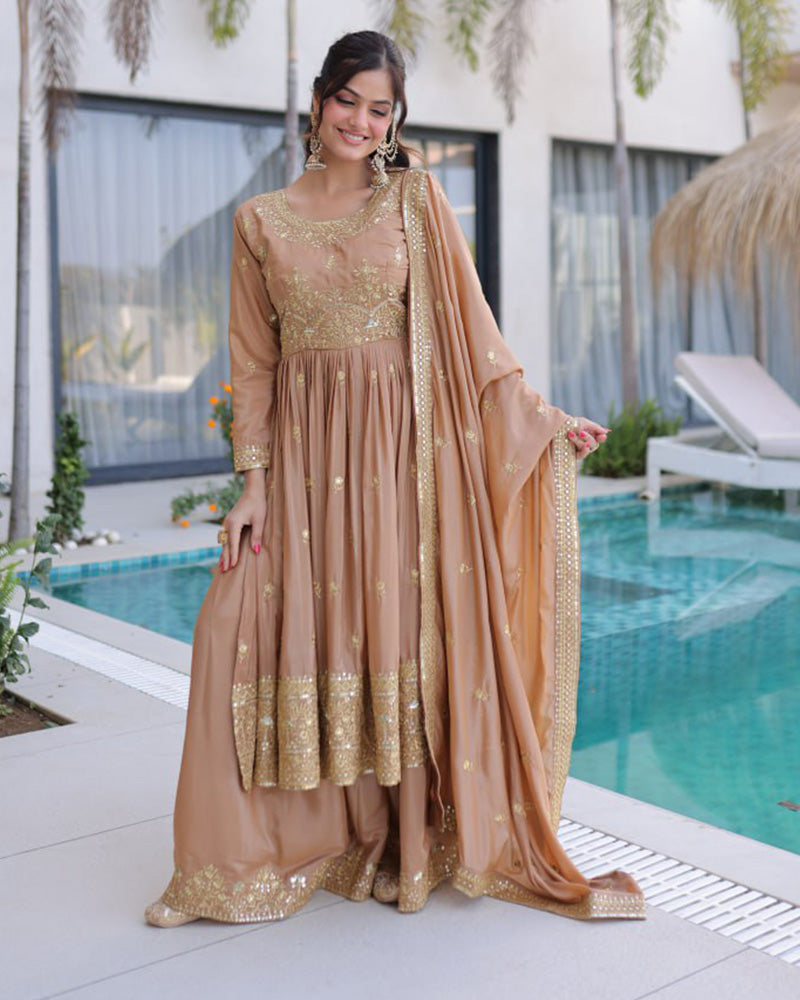 Chikoo Color Super Silk Embroidered Sharara Suit