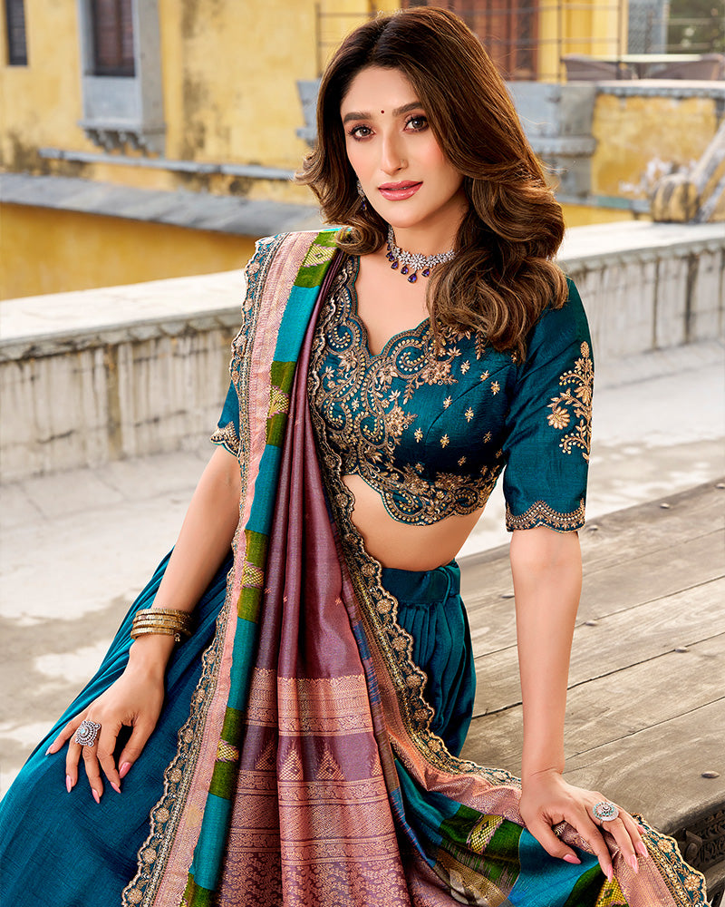 Designer Firozi Color Vichitra Silk Embroidered Lehenga Choli