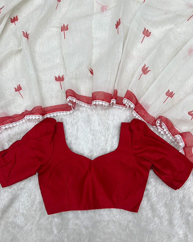 White Color Linen Printed Saree