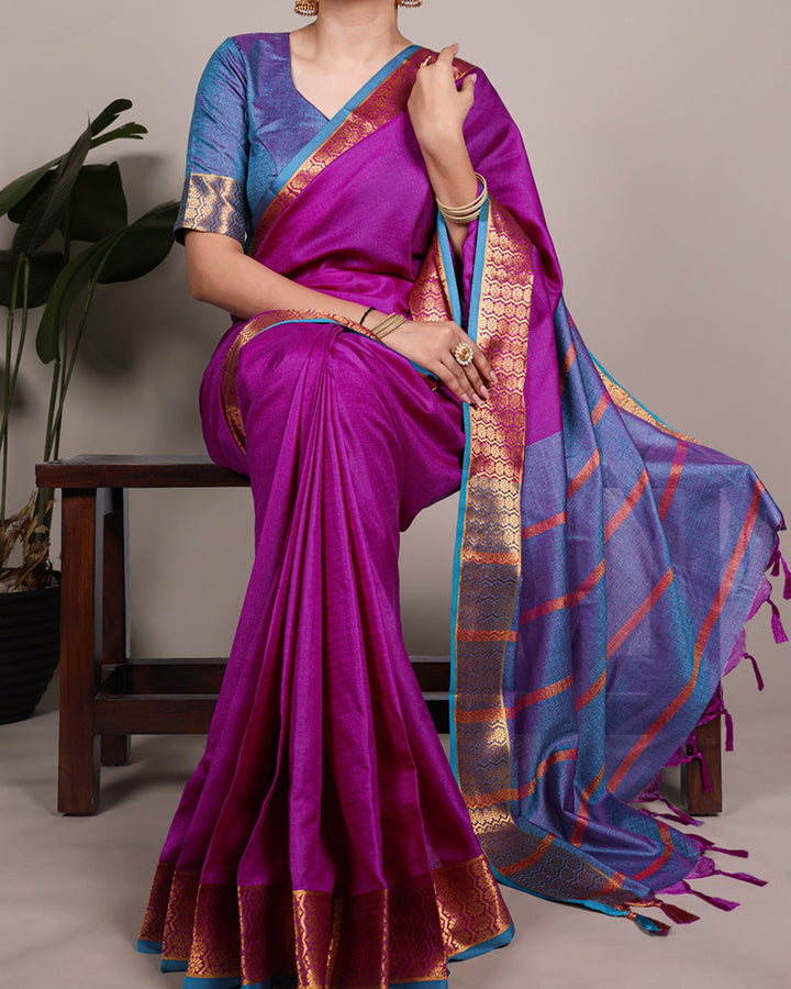 Pink Color Zari Weaving Poly Cotton Saree