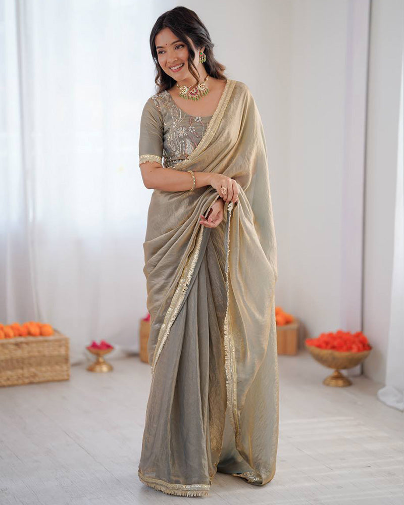 Dusty Grey Color Fendi Silk Pre Draped Saree