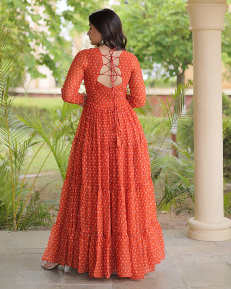 Four Color Georgette Bandhani Printed Navratri Gown