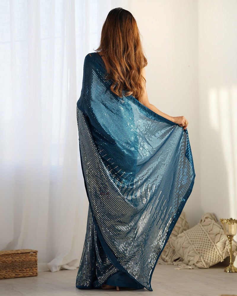 Rama Color Heavy Georgette Embroidered Saree