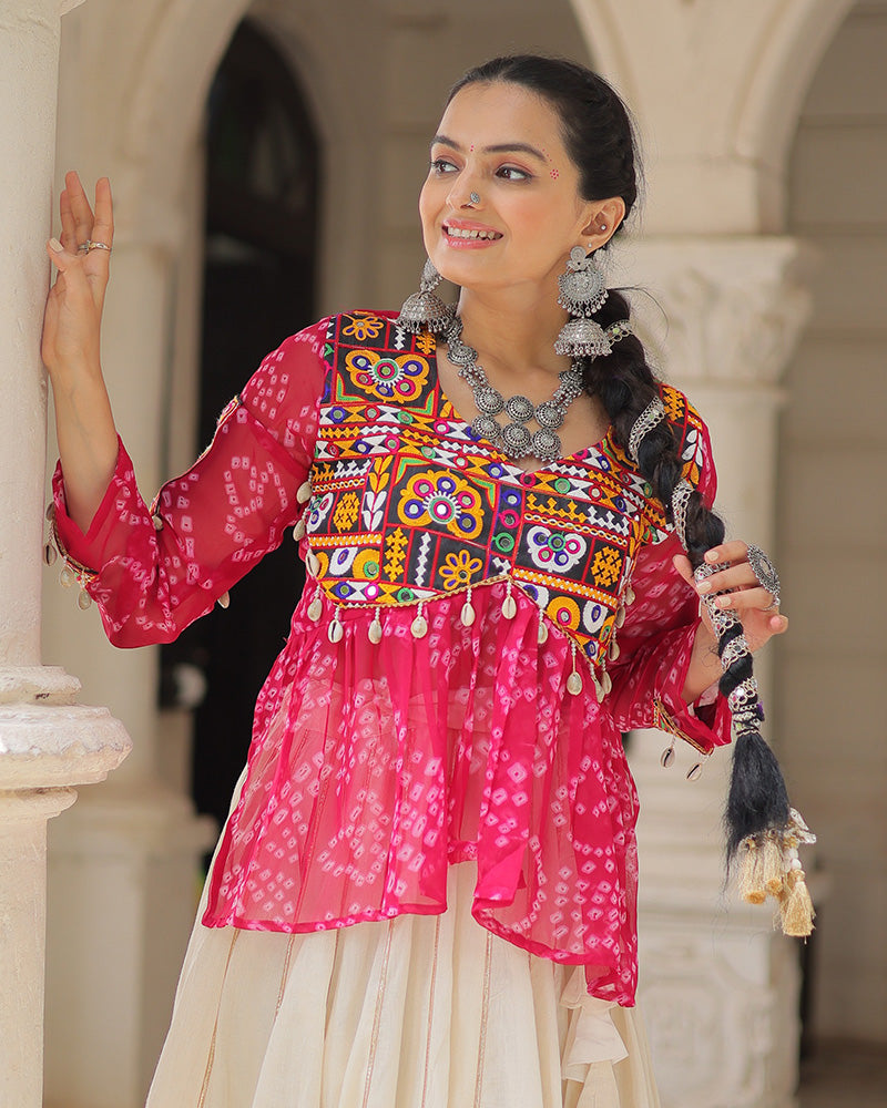 Vibrant Gamthi Work Rani Pink Kediya With Off-White Traditional Lehenga