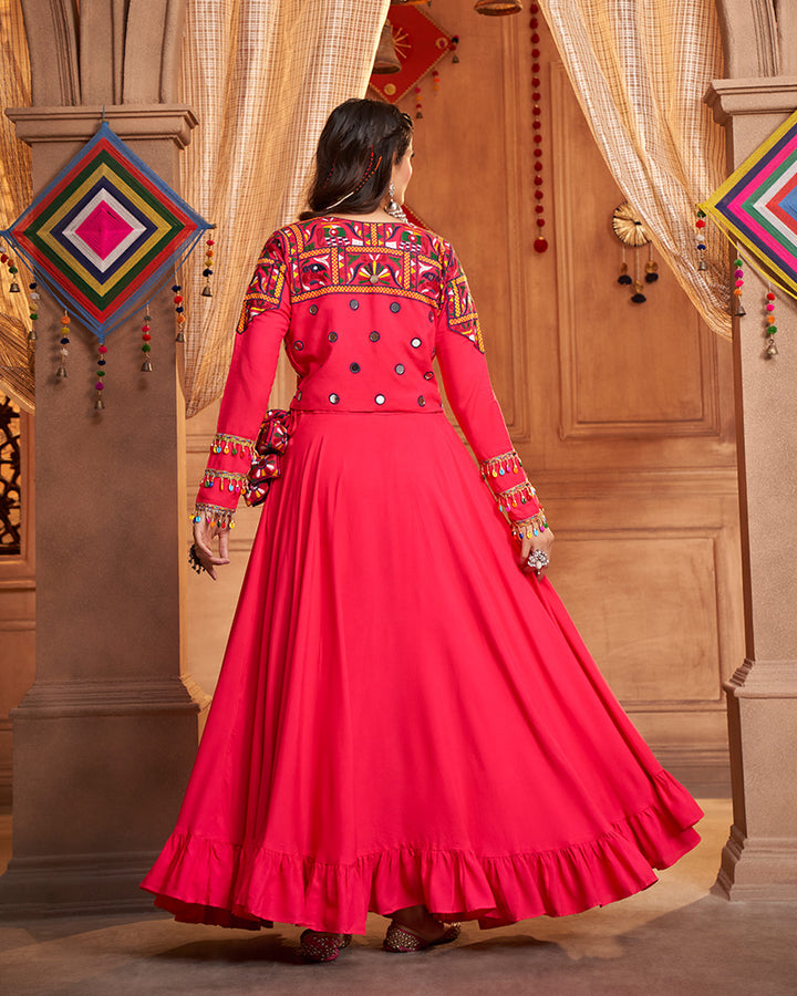 Rani Pink Color Viscose Rayon Threaded Fully Stitched Navratri Lehenga Choli
