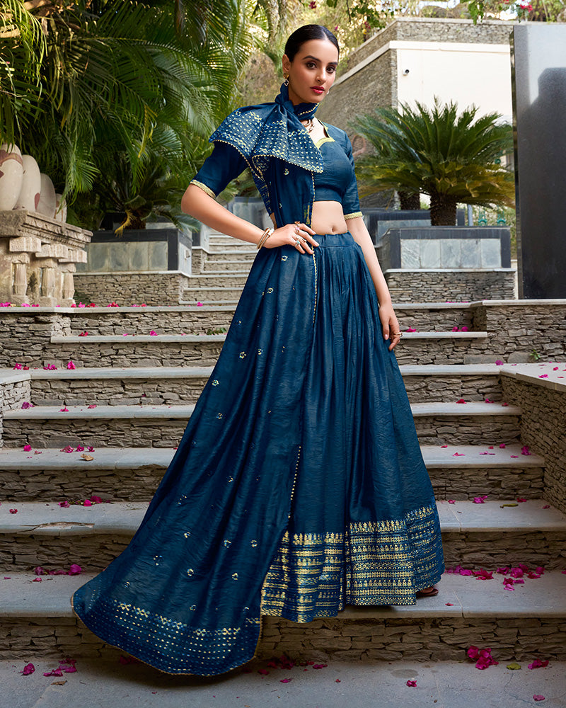Navy Blue Color Pure Chanderi Plain Navratri Half Saree