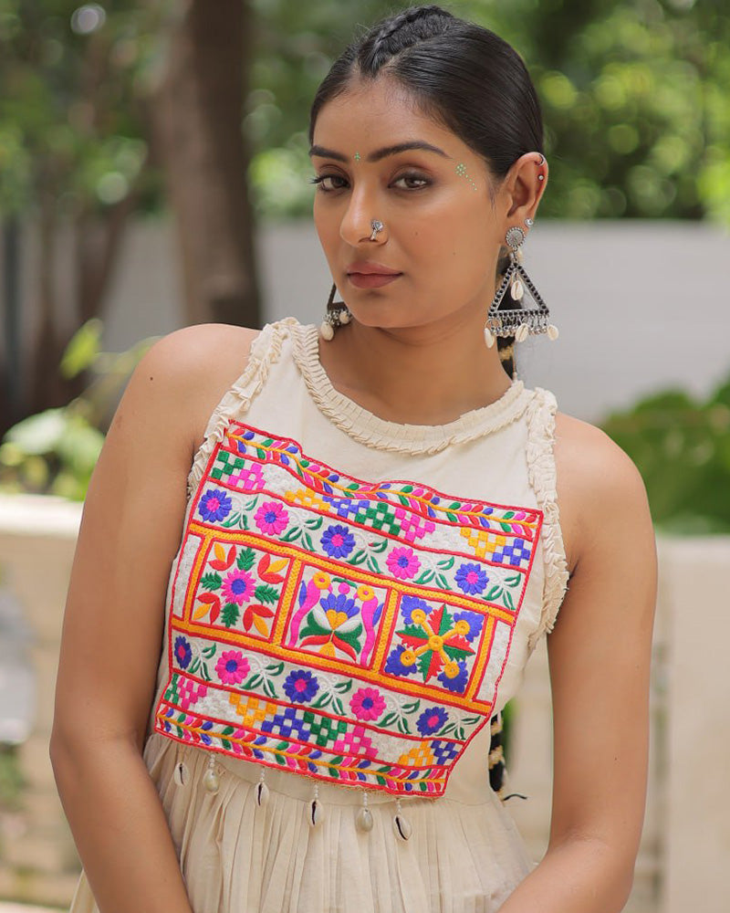 Elegant Off-White Ethnic Gown With Multicolor Kutchi Embroidery
