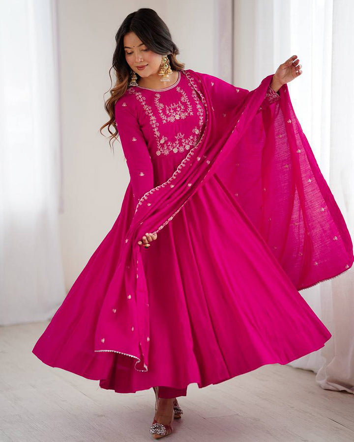 Rani Pink Color Chanderi Silk Three Piece Anarkali Suit