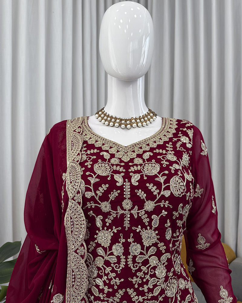 Deep Maroon Color Georgette Embroidered Sharara Suit