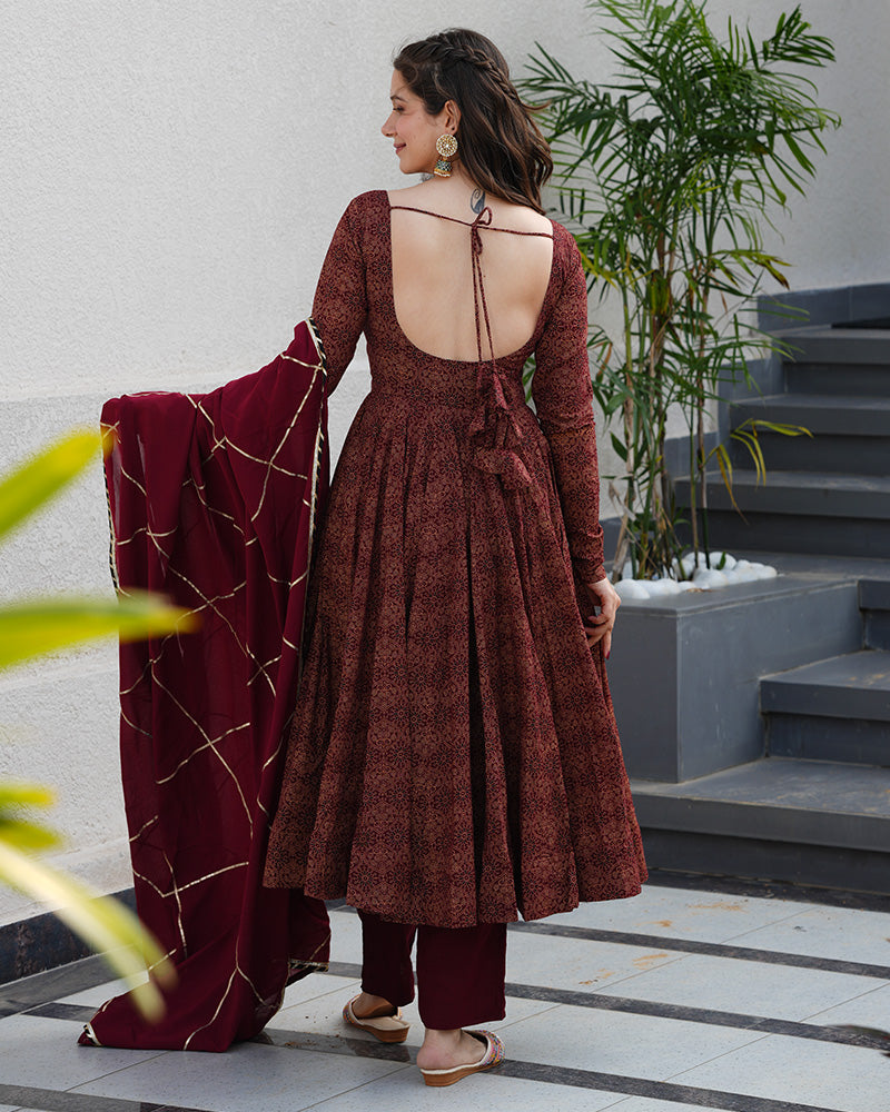 Maroon Color Pure Cotton Ajrakh Print Anarkali Suit