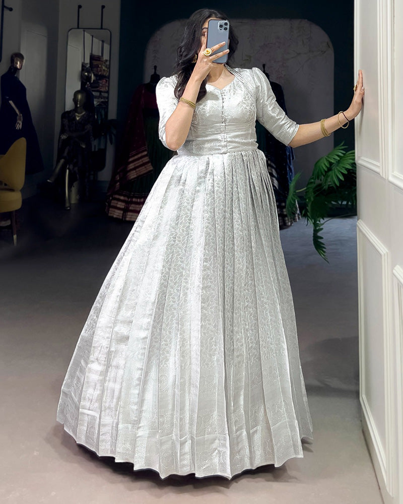 White Color Kanjivaram Zari Weaving Gown