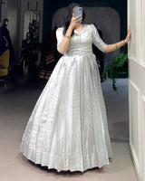 White Color Kanjivaram Zari Weaving Gown