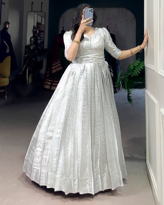 White Color Kanjivaram Zari Weaving Gown