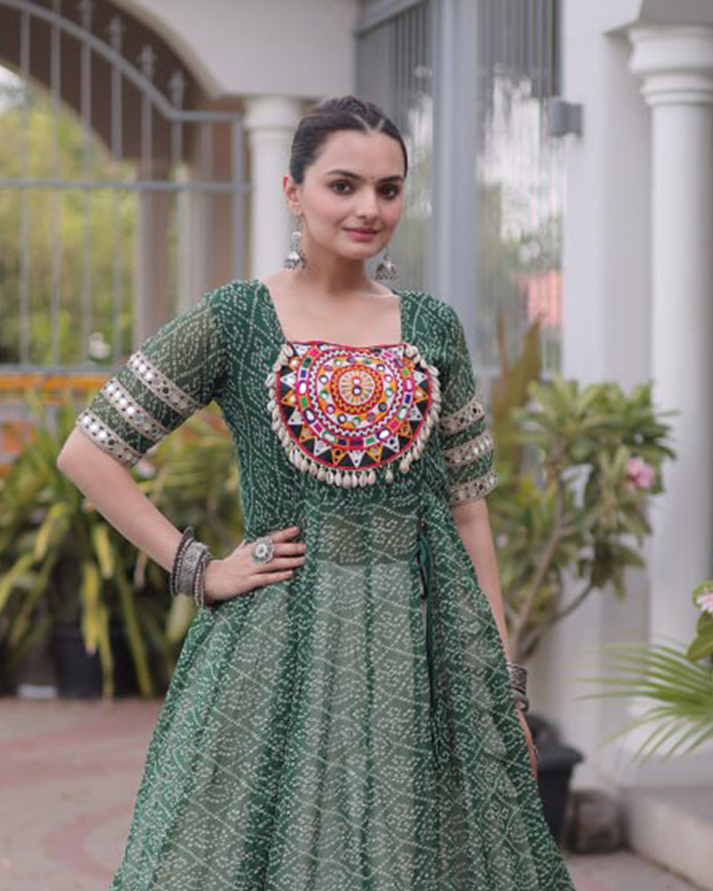 Green  Color Bandhani Printed Kurti With Kora Cotton Lehenga