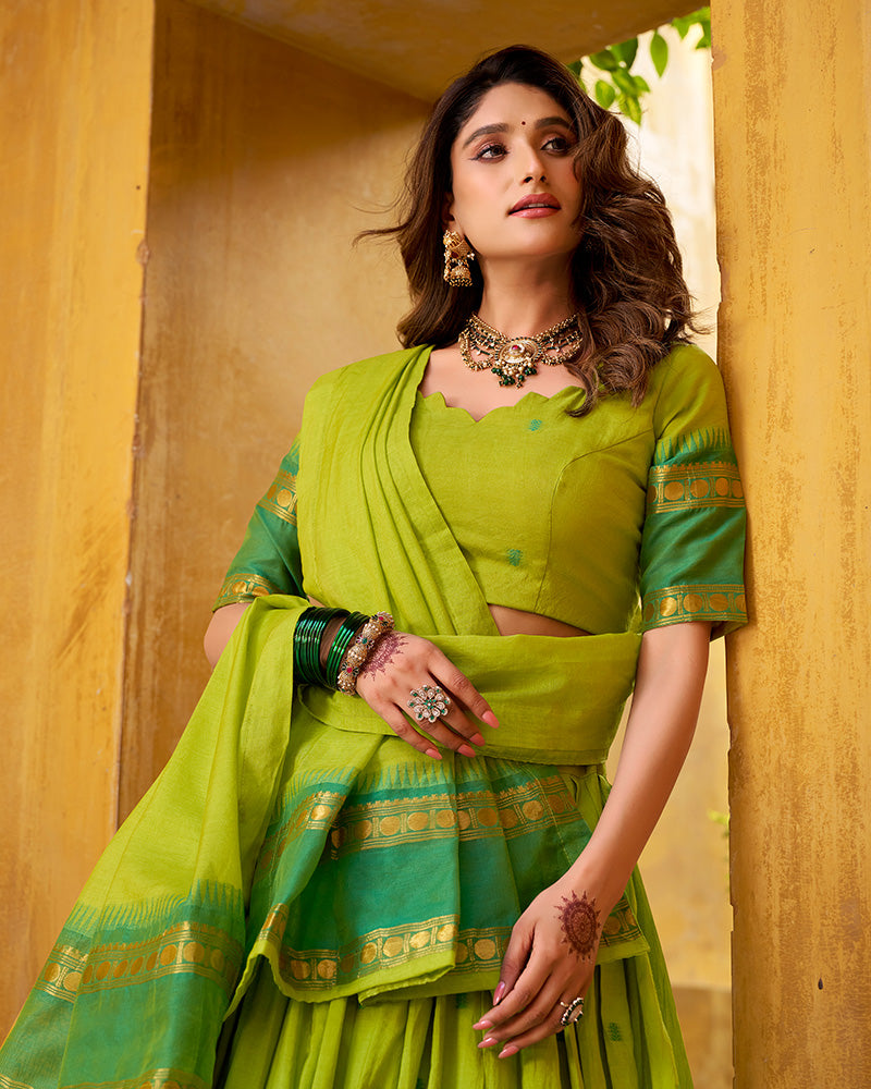 Elegant Parrot Green Chanderi cotton half saree lehenga choli