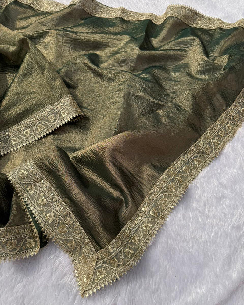 Premium Mehndi Color Tissue Crush Saree