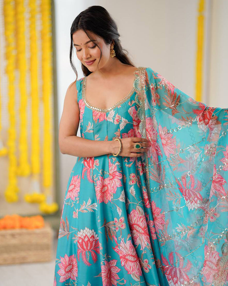 Sky Blue Color Pure Muslin Cotton Three Piece Anarkali Suit