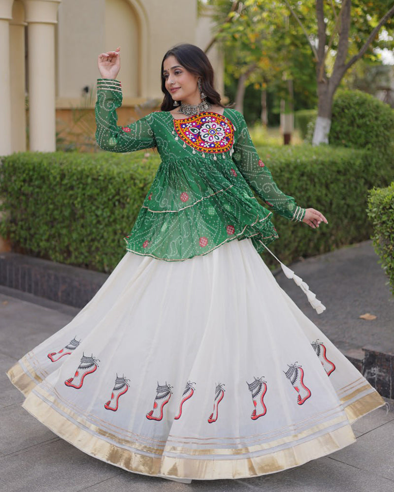 Green Color Bandhani Printed With Kora Cotton Lehenga