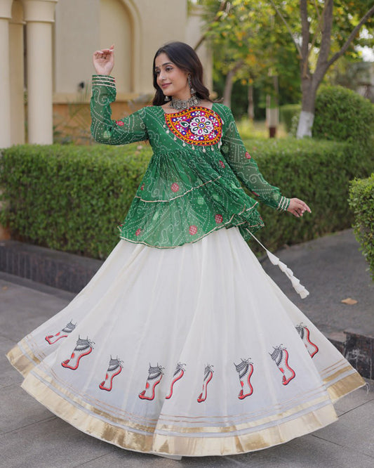 Green Color Bandhani Printed With Kora Cotton Lehenga