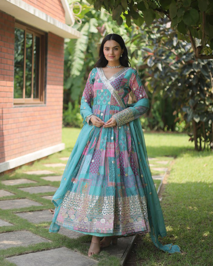 Wedding Wear Embroidery Sky Blue Color Gown With Dupatta