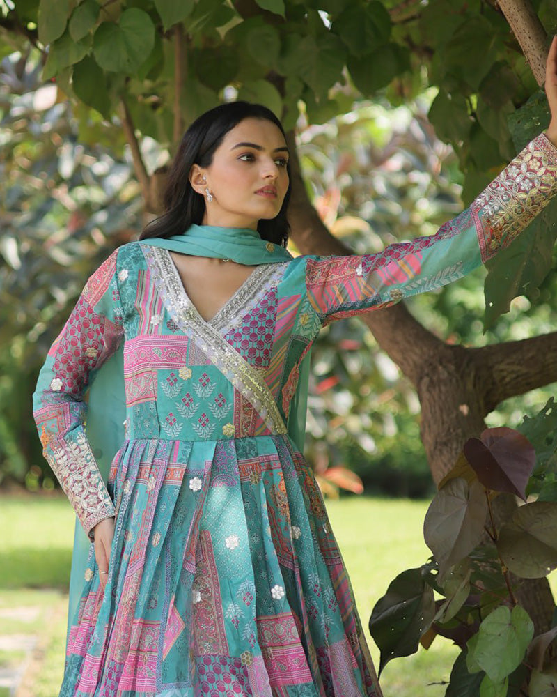 Wedding Wear Embroidery Sky Blue Color Gown With Dupatta