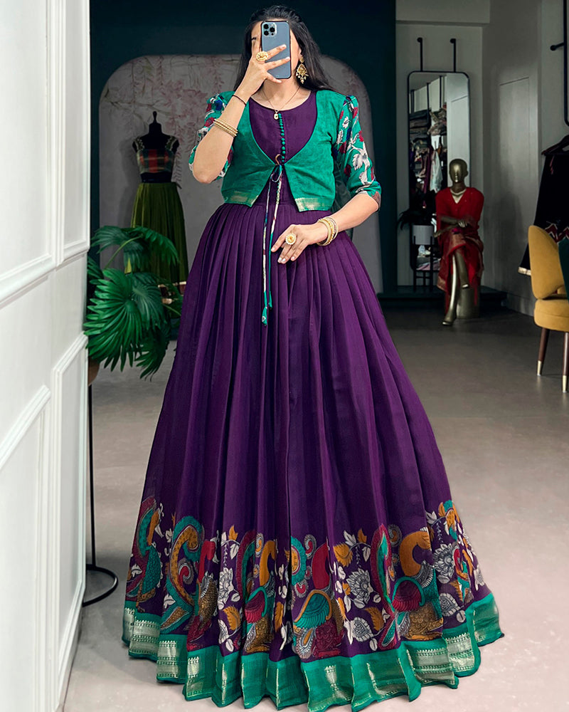 Purple Color Polyester Viscose Chanderi Gown