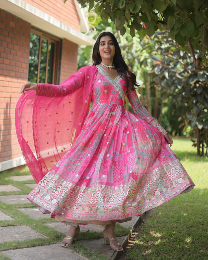 Wedding Wear Embroidery Pink Color Gown With Dupatta