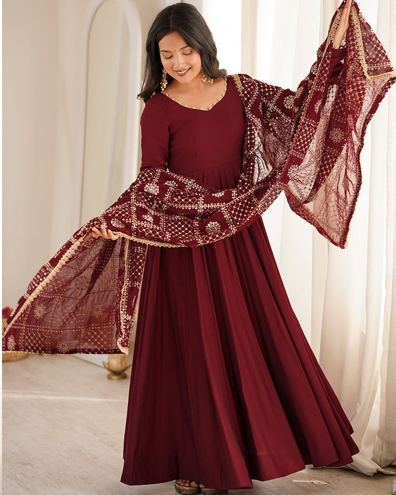 Maroon Color Roman Silk CHanderi Three Piece Anarkali Suit