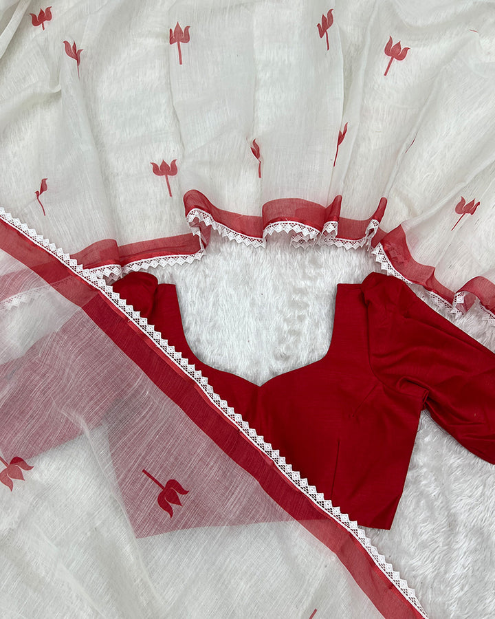 White Color Linen Printed Saree