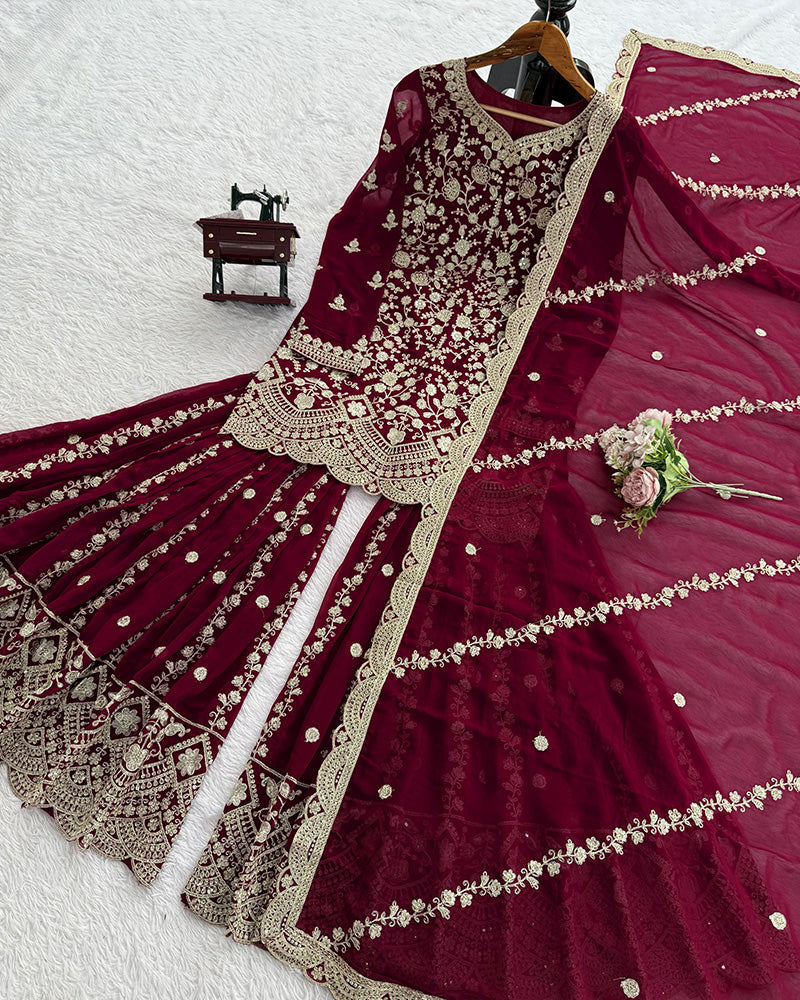Deep Maroon Color Georgette Embroidered Sharara Suit