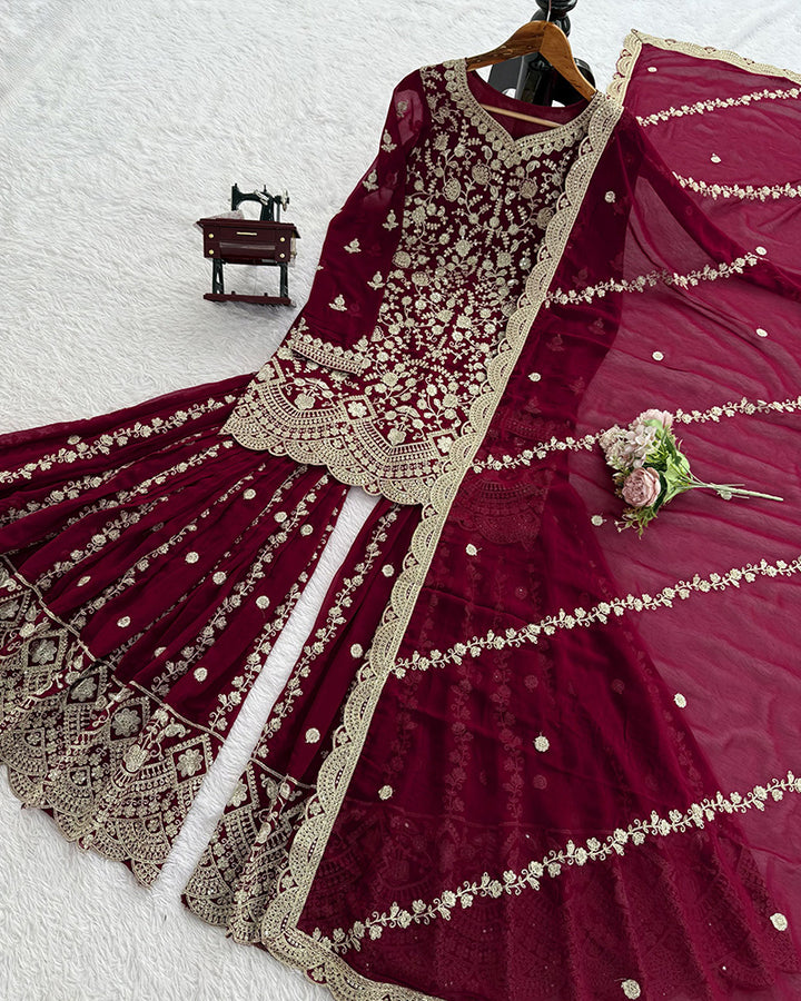 Deep Maroon Color Georgette Embroidered Sharara Suit