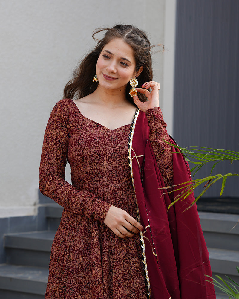 Maroon Color Pure Cotton Ajrakh Print Anarkali Suit