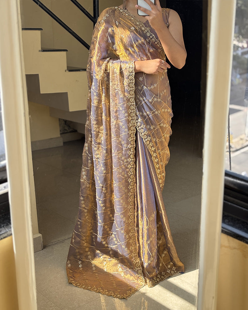 Luvender Color Space Silk Embroidered Saree