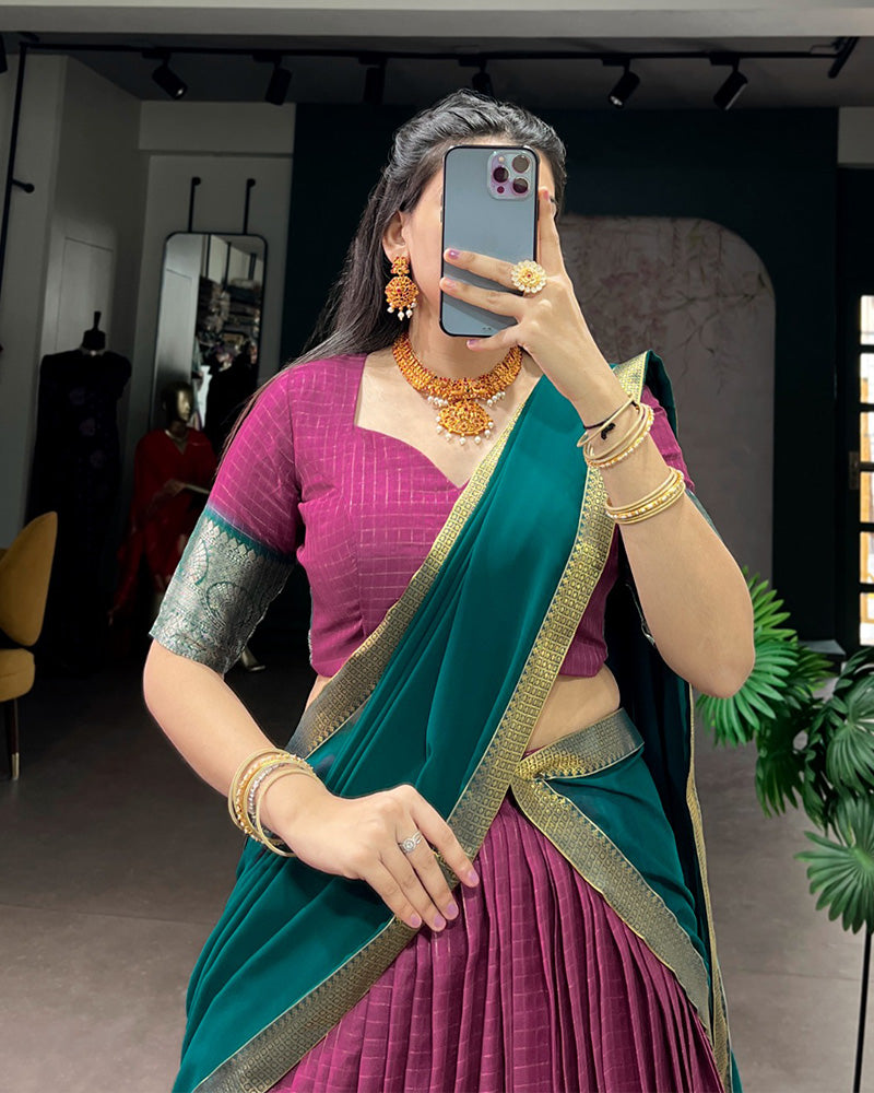 Pink Color Dola Chex Zari Weaving Half Saree