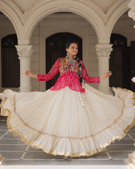 Vibrant Gamthi Work Rani Pink Kediya With Off-White Traditional Lehenga