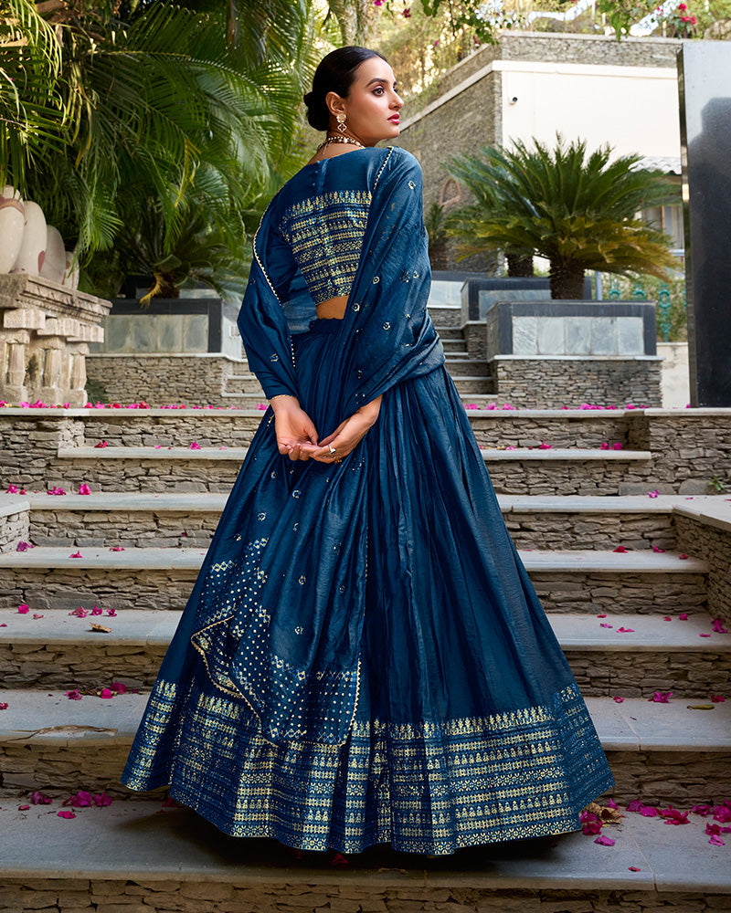 Navy Blue Color Pure Chanderi Plain Navratri Half Saree