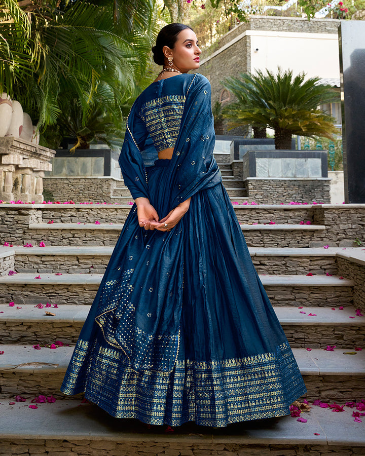 Navy Blue Color Pure Chanderi Plain Navratri Half Saree