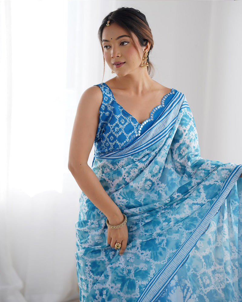 Sky Blue Color Chinnon Silk Saree