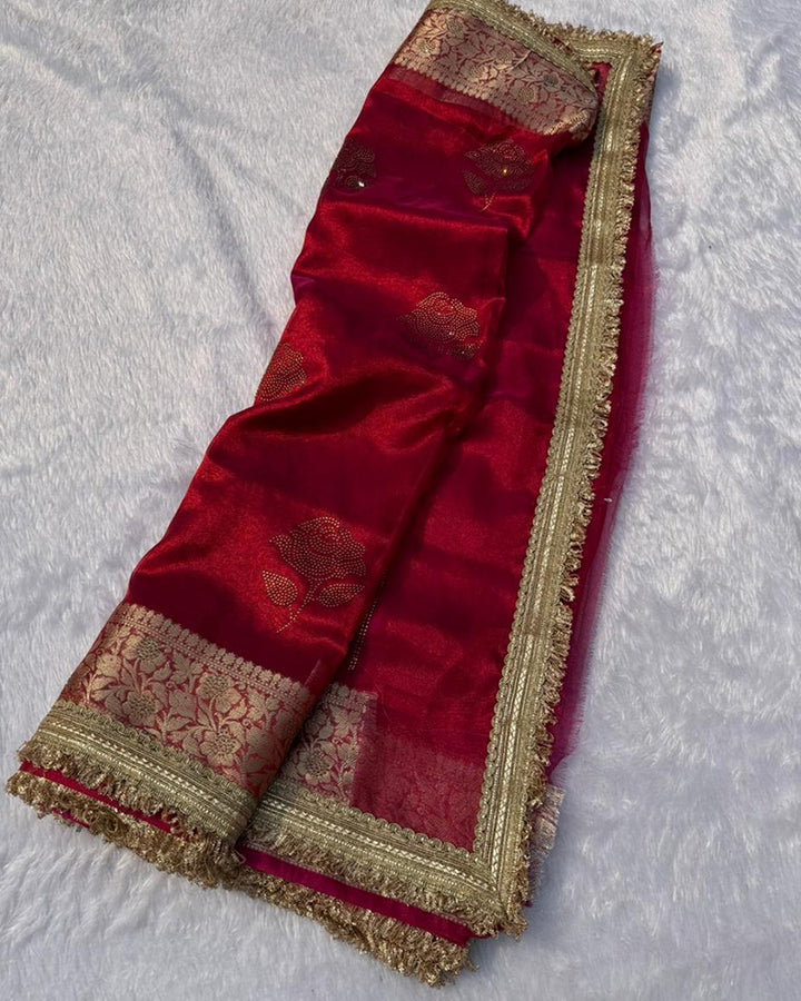 Premium Red Color Organza Tissue Silk Saree