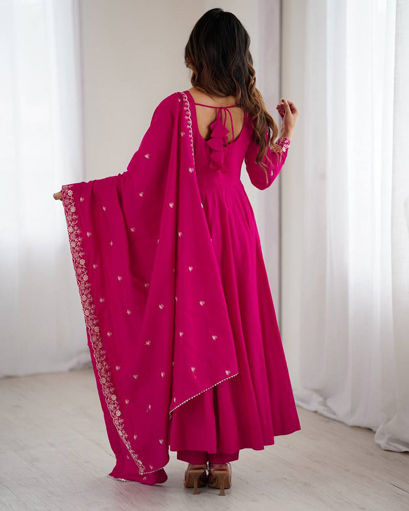 Rani Pink Color Chanderi Silk Three Piece Anarkali Suit