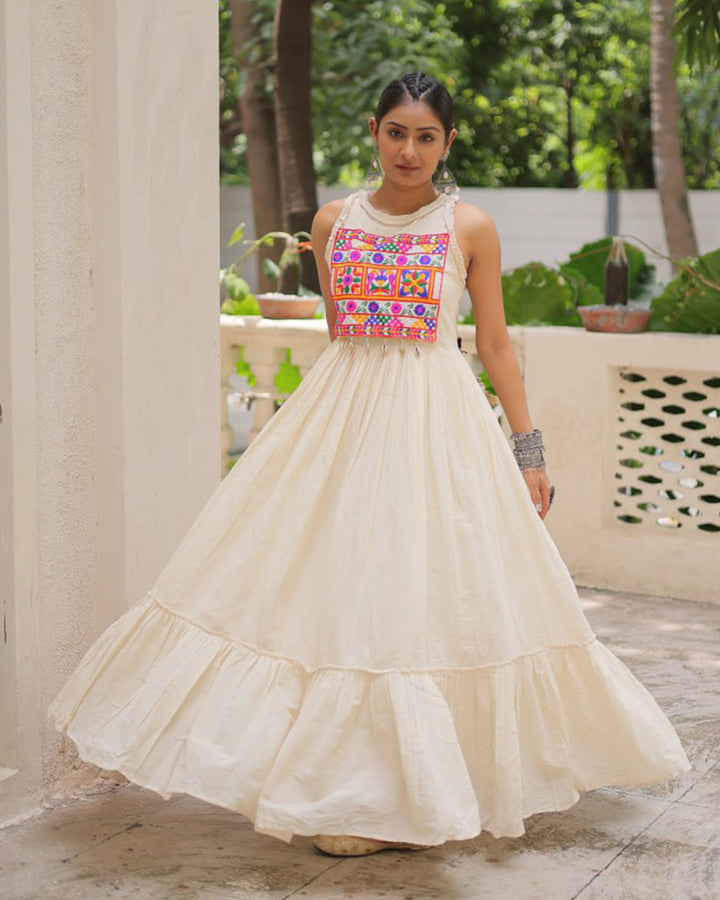 Elegant Off-White Ethnic Gown With Multicolor Kutchi Embroidery