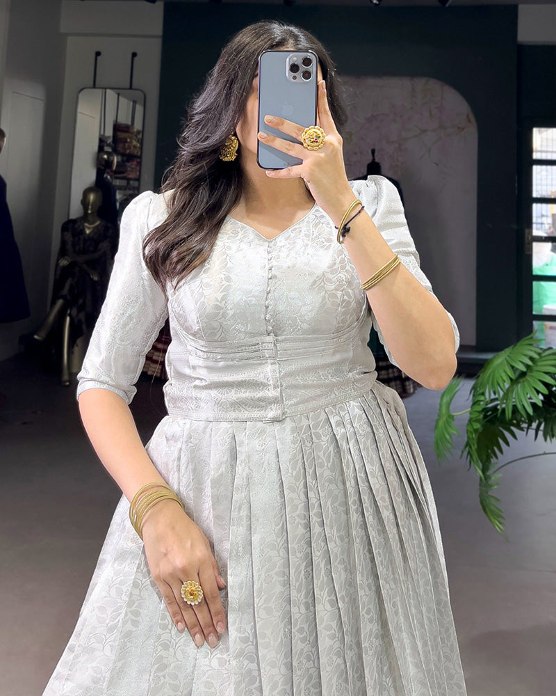 White Color Kanjivaram Zari Weaving Gown