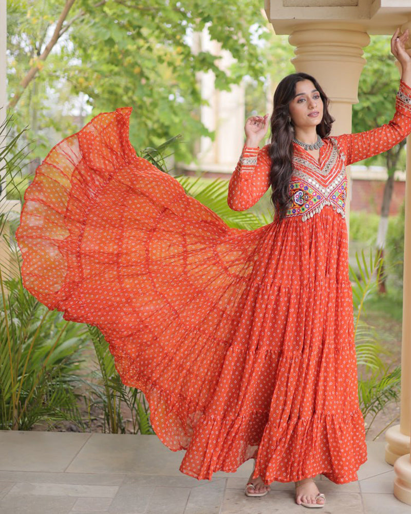 Four Color Georgette Bandhani Printed Navratri Gown