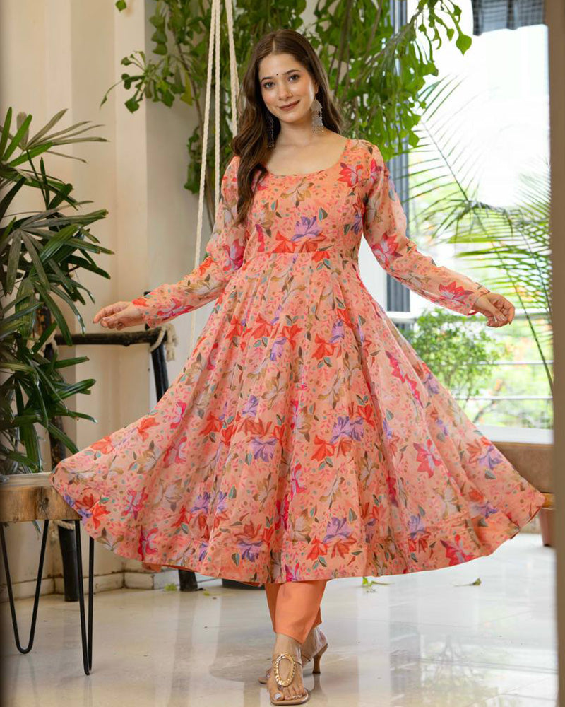 Peach Color Digital Printed Organza Anarkali Suit