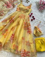 Yellow Color Digital Printed Soft Organza Anarkali Suit
