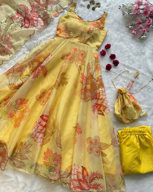 Yellow Color Digital Printed Soft Organza Anarkali Suit
