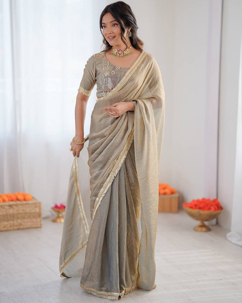 Dusty Grey Color Fendi Silk Pre Draped Saree