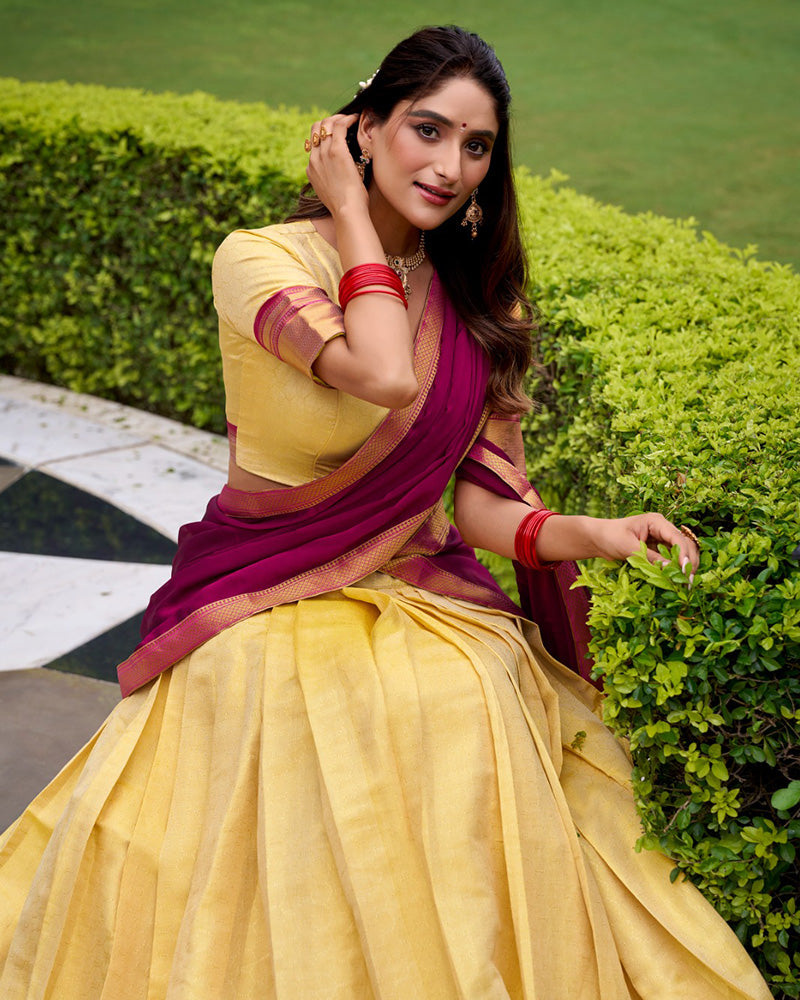 Traditional Pink Color Kanchipuram Zari Weaving Half Saree