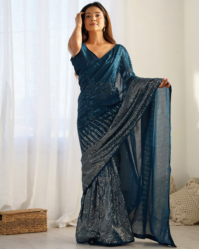 Rama Color Heavy Georgette Embroidered Saree